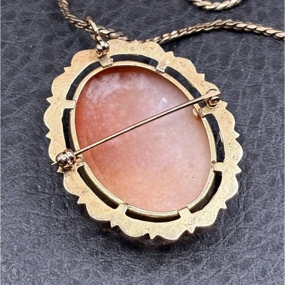 Vintage 14K Esemco Carved Shell Cameo Pendant And Krementz Gold Overlay Necklace